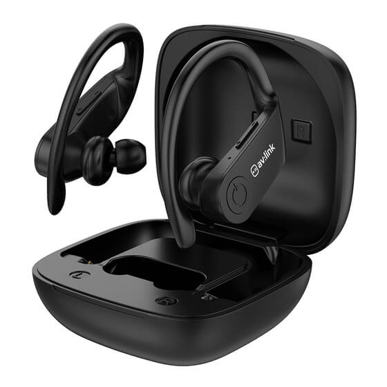 AVLINK Activity Sweat Proof Stereo Headphones displayed, showcasing the true wireless earbuds designed for sports use.