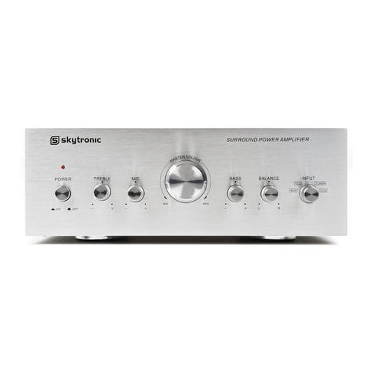 Skytronic AV400 Stereo Amplifier with 400W RMS power output in a compact silver design.