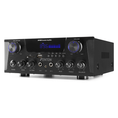 Fenton AV430B HiFi Amplifier in black, featuring MP3 and Bluetooth streaming capabilities, with a power output of 2x 300W.