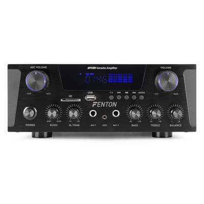 Fenton AV430B HiFi Amplifier in black, featuring 2x 300W power output and MP3/BT streaming capabilities.