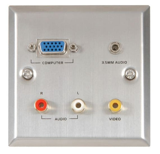 AVLINK VGA, audio, and video steel wallplate designed for flush mount breakout box installation.