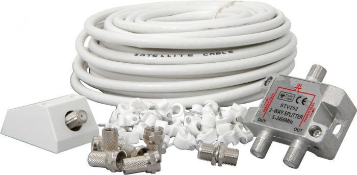 MERCURY SATELLITE COAXIAL SPLITTER KIT featuring a 15m RG6 cable, a 2-way splitter, and F connectors.