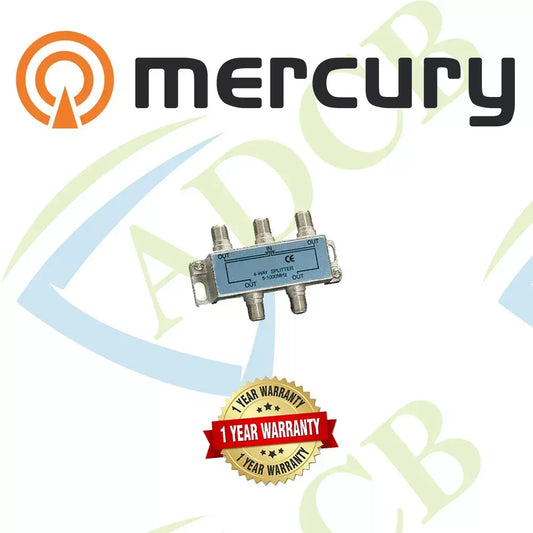 Mercury 1GHz Satellite Splitter, a 4-way F coaxial splitter with fixings, displayed against a neutral background.