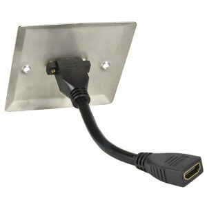AVLINK HDMI steel wallplate with female tail in brushed steel finish and gold plated HDMI socket