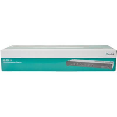 AVLINK AD-SPK18 8-Way Loudspeaker Selector Switch designed for stereo amplifiers, showcasing its compact design and connectivity options.