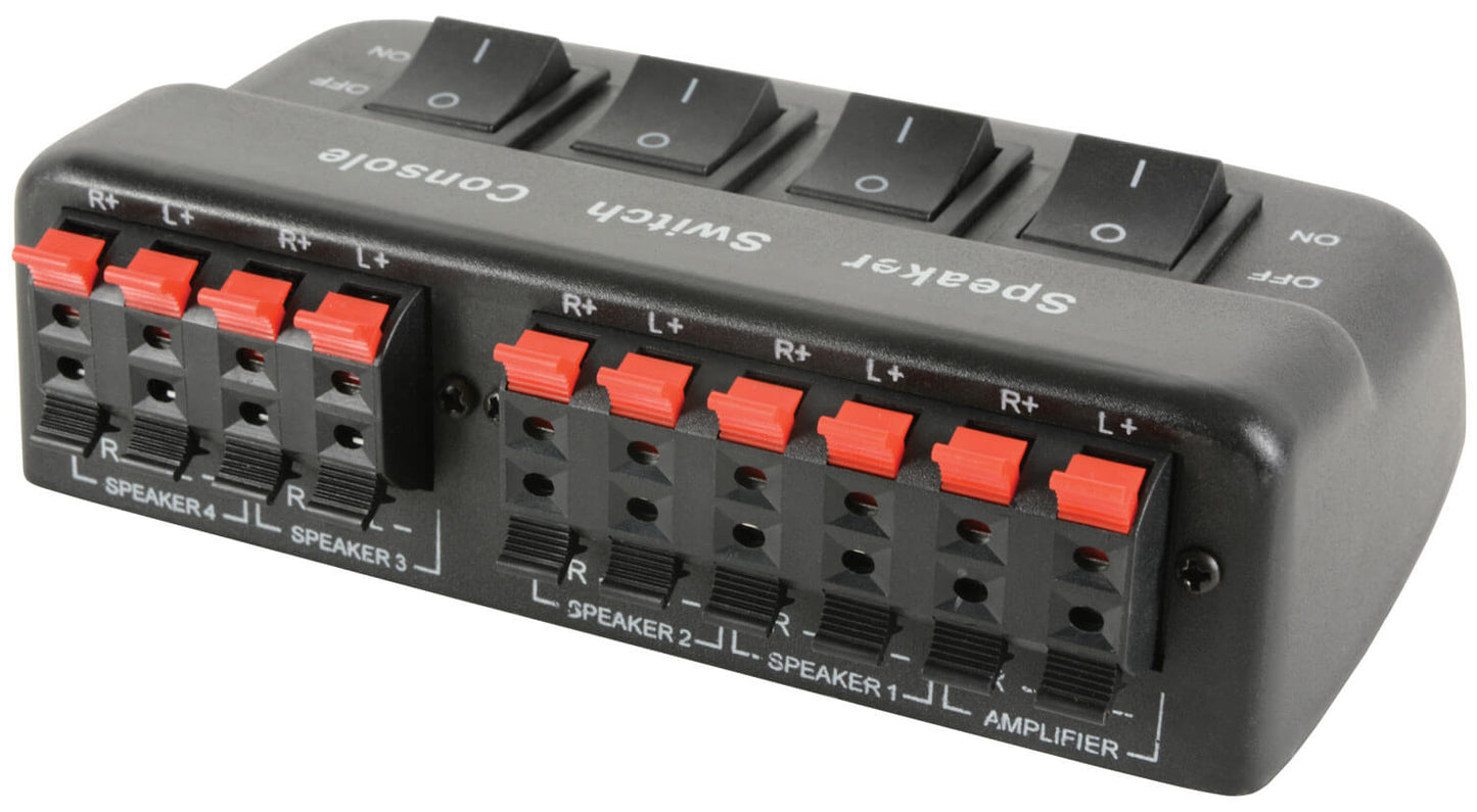 AVLINK AD-SPK42 4-Way Loudspeaker Selector in black, showcasing its design and features.