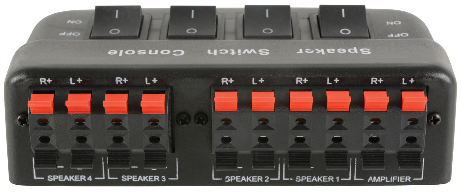 AVLINK AD-SPK42 4-Way Loudspeaker Selector in black, showcasing its design and features.