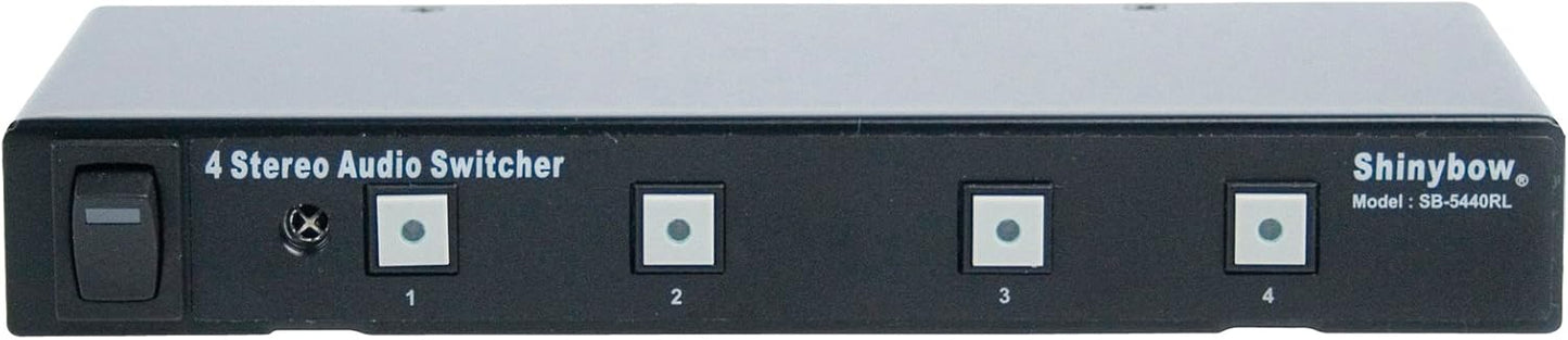 AVLINK SB-5440RL 4-Way Stereo Audio Switcher with IR Remote Control, showcasing the device's design and features.