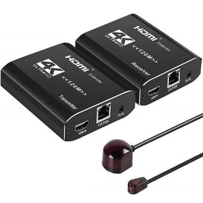 TVA HDMI Over Cat5/6 Extender 120M with IR Remote Control, showcasing the device designed for extending HDMI signals over long distances.