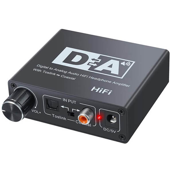TVA DAC digital to analog converter with TOSLINK and coaxial inputs and 2 RCA outputs, featuring a built-in preamp for headphones.
