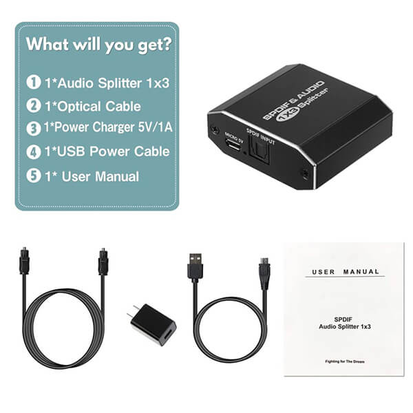 TVA 3 Way Optical Splitter for SPDIF Toslink Digital Audio with 1 input and 3 outputs