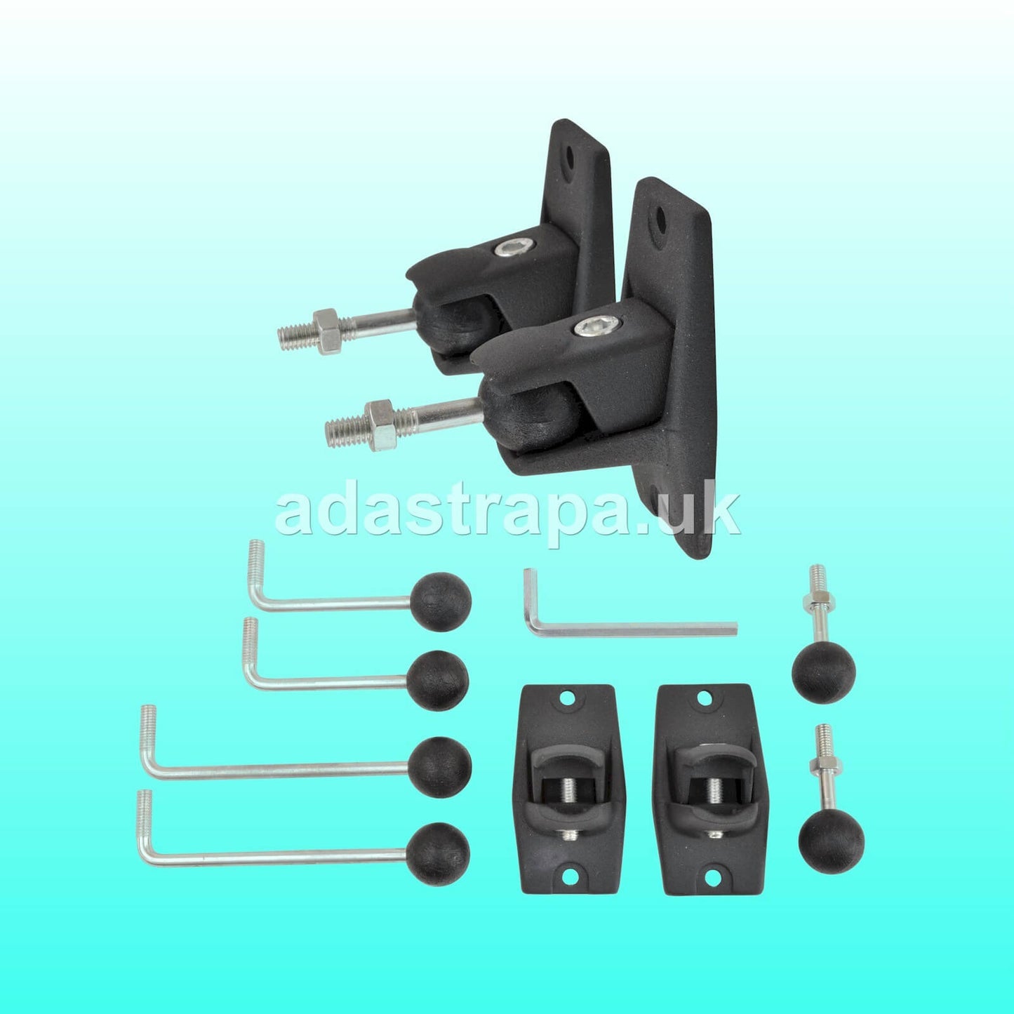 Adastra UM01 universal speaker brackets in black, designed to support speakers with a capacity of 3.5kg, displayed in a product image.