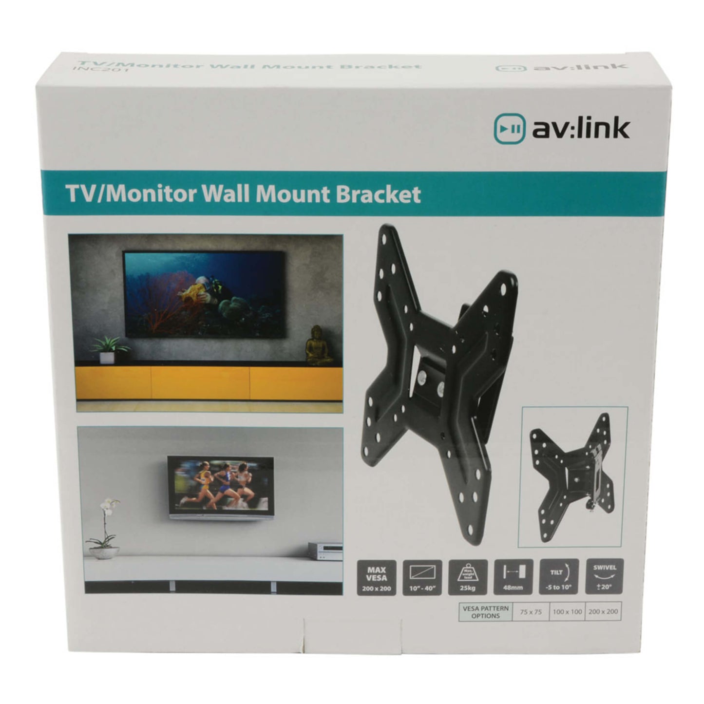 AVLINK INC201 adjustable tilt and swivel TV wall mount bracket suitable for screens from 10 to 40 inches.
