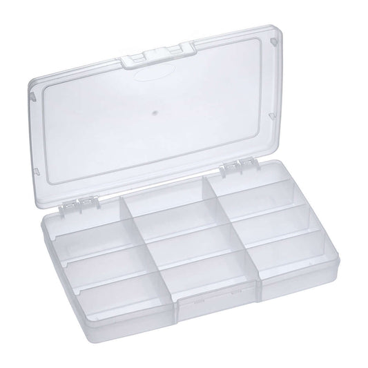 Transparent polypropylene organiser box with 12 compartments for storage and organization.