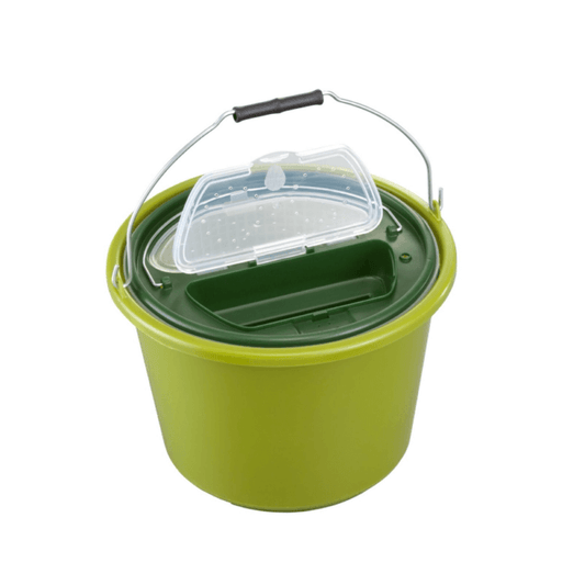 Olive Green Bait Bucket Kit with a capacity of 12 litres, designed for fishing solutions.