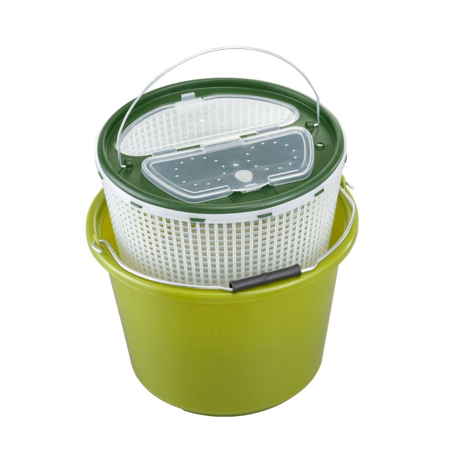 Olive green bait bucket kit with a capacity of 12 litres, designed for fishing.