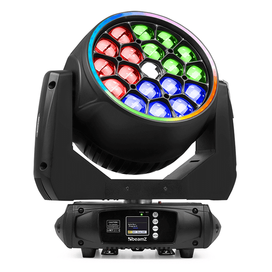Image of BEAMZPRO MHL1940 LED Moving Head Zoom featuring 19x40W RGBW lights, displayed in a flightcase.