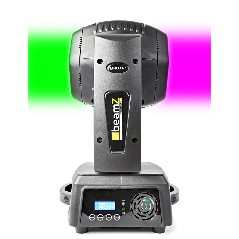 BEAMZ MHL832 LED Double Sided Moving Head, a professional stage lighting fixture showcasing its dual-sided design and vibrant LED lights.