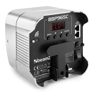 Wireless battery operated LED uplighter with RGBWA-UV features in chrome finish.