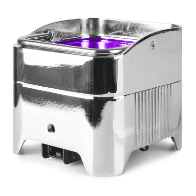 Wireless battery operated LED uplighter BEAMZ BBP96SC with RGBWA-UV features in chrome finish.