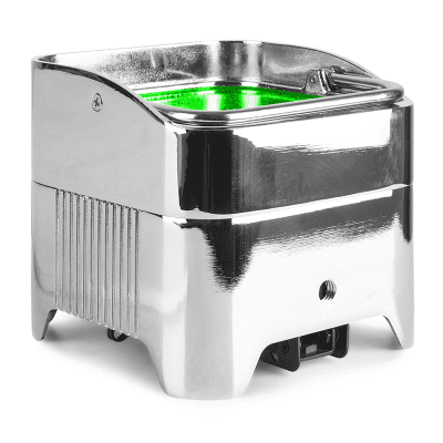Image of the BEAMZ BBP96SC UPLIGHT PAR, a wireless battery-operated LED uplighter featuring 6x12W RGBWA-UV lights in a chrome finish.