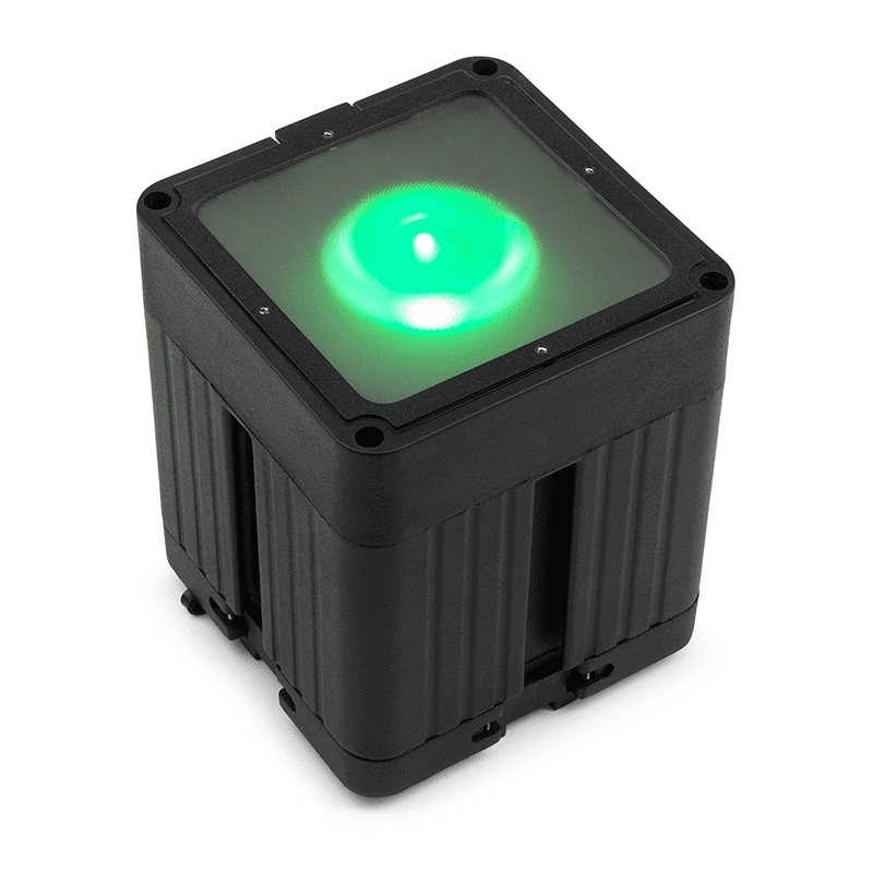 BEAMZ KUBE20BK Linkable Battery Uplight Outdoor - 20W RGBWA-UV LED, suitable for events and parties, shown in an outdoor setting.