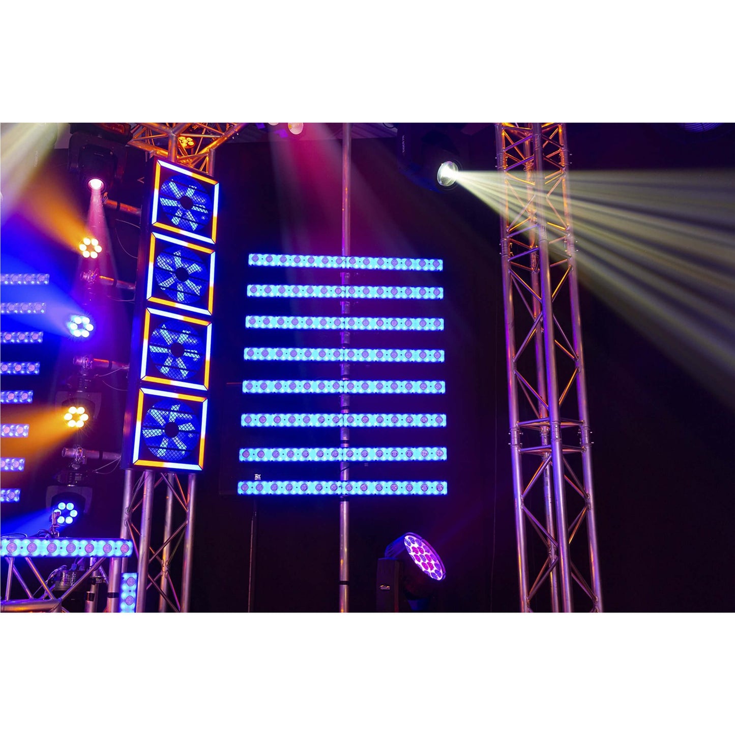 BEAMZ LCB14 Hybrid LED Bar Pixel Control featuring 14 warm white LEDs and 56 RGB LEDs, showcasing vibrant lighting effects.