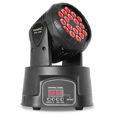 Beamz MHL108MK3 18x3W 3-in-1 RGB LED Mini Moving Head light with a compact design, shown in a product image.