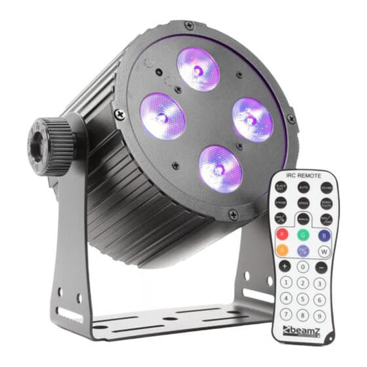 Beamz Pro BAC404 4x18W 6-in-1 Hex LED PAR light with DMX and IR Remote, showing a professional stage lighting equipment with four LED lights.