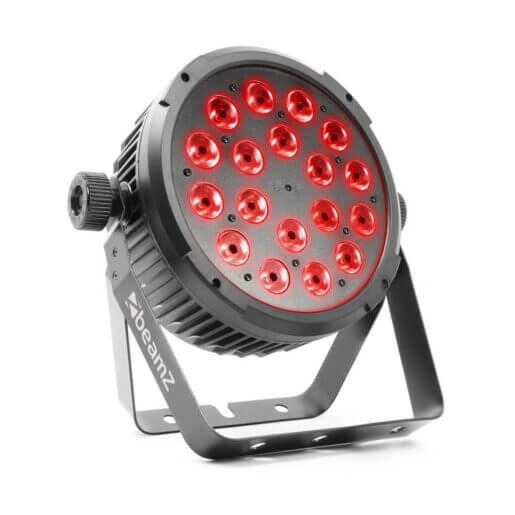 Beamz BT320 18x6W 4-in-1 RGBW LED Flat PAR with DMX and IRC Remote, showing a compact, circular LED light fixture with multiple LEDs arranged in a flat, black casing.