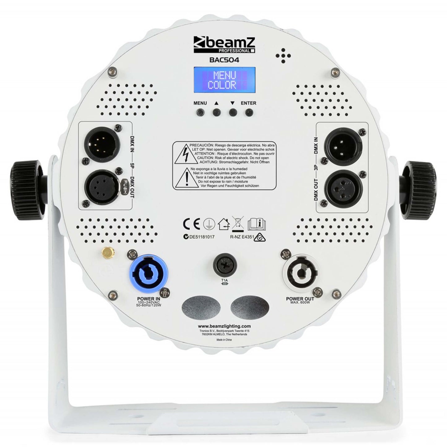 BEAMZPRO BAC506W LED PAR 64 lighting fixture featuring 12x 18W RGBAWUV LEDs with DMX control.