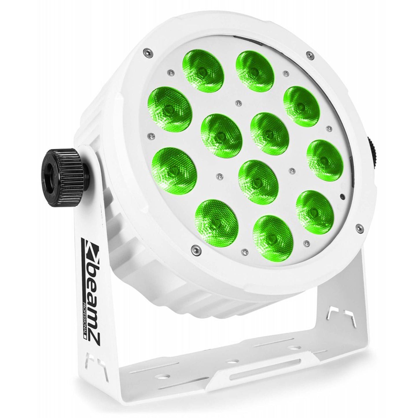 BEAMZPRO BAC506W LED PAR 64 lighting fixture with 12x 18W RGBAWUV LEDs, featuring DMX control.