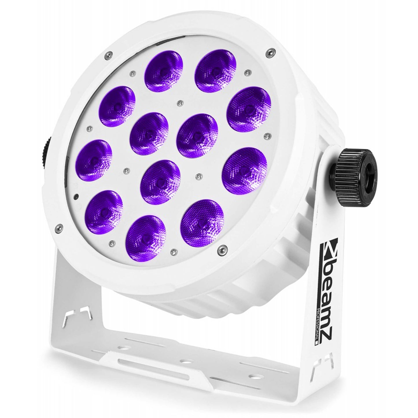 BEAMZPRO BAC506W LED PAR 64 lighting fixture featuring 12x 18W RGBAWUV LEDs, designed for stage lighting with DMX control.