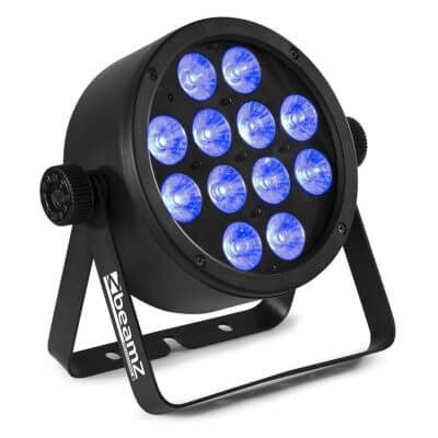 Beamz Pro BAC304 12x8W 4-in-1 RGBW LED PAR 64 light with DMX and IR Remote, product image showing the LED stage light in a compact and sturdy design