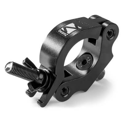 Beamz BC50B-200 Black Aluminum Half Coupler, supports 48-51mm diameter and 200kg load, shown in black