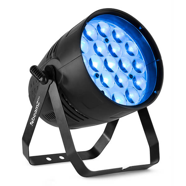 BEAMZPRO BAC550Z PRO PAR ALU ZOOM 19X 15W RGBW IR professional LED stage lighting with adjustable zoom feature.