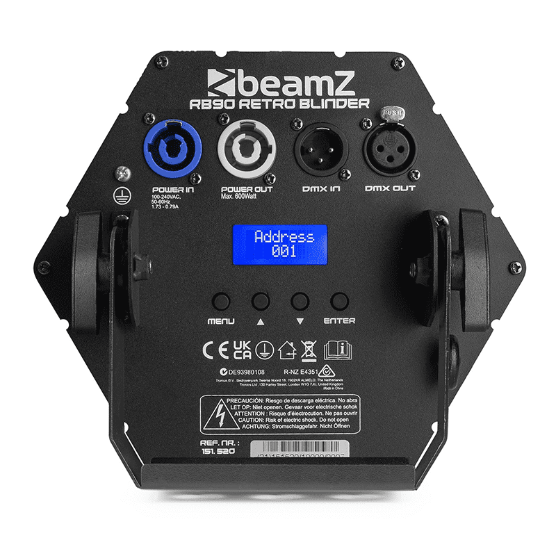 BEAMZ RB90 Deco Retro Blinder 3x30W RGBW stylish LED stage lighting featuring vibrant colors and a modern design.