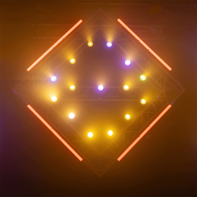 Image of the BEAMZPRO NEUTRON-DOT 60W Linkable LED Light, showcasing its RGBWW capabilities for both indoor and outdoor use.