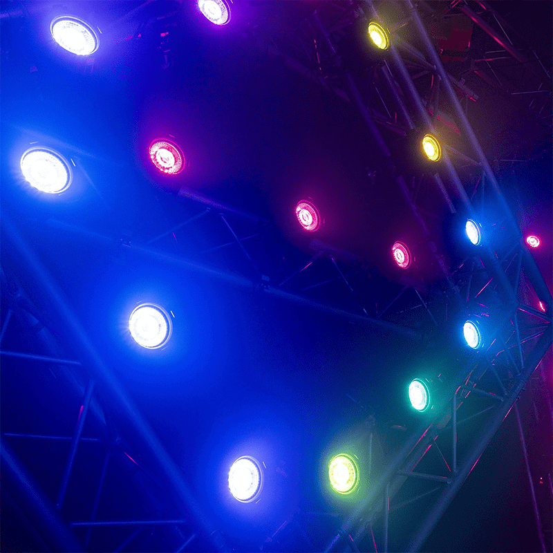 BEAMZPRO NEUTRON-DOT 60W Linkable LED Light showcasing its RGBWW features, suitable for indoor and outdoor use.