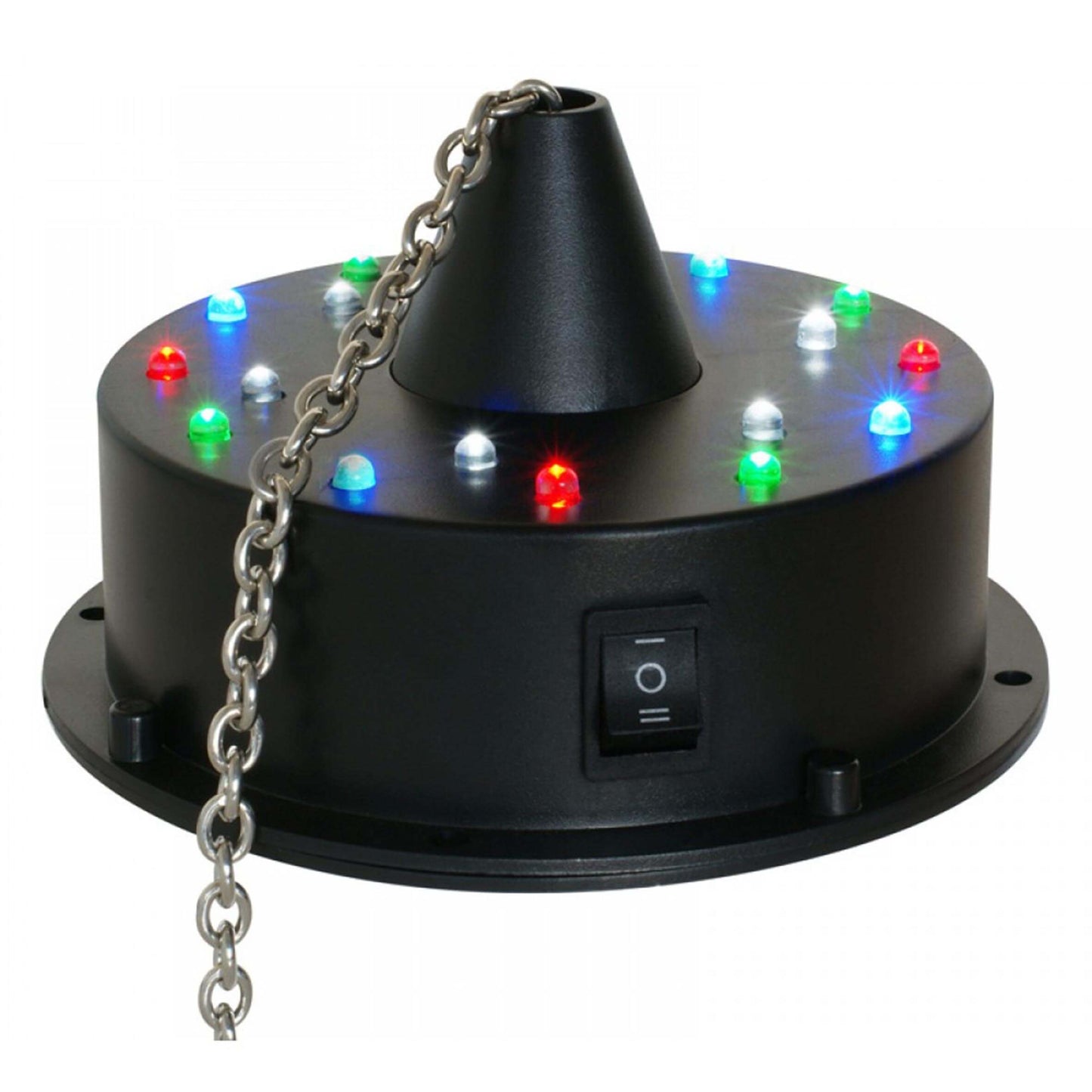 Battery operated LED mirrorball motor with 18 colored LEDs, showcasing vibrant lighting effects.