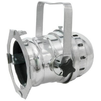 QTX PAR 56 Chrome Short Can Light designed for stage and DJ lighting, showcasing a sleek chrome finish.