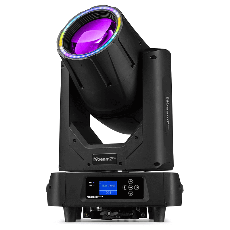 Image of the BEAMZPRO NEREID380B LED Moving Head Beam, showcasing its design and features, packaged in a flightcase.