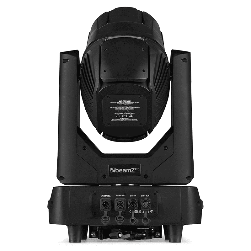BEAMZPRO NEREID380B LED moving head beam light with IP65 rating, featuring a 380W bulb, presented in a flight case.