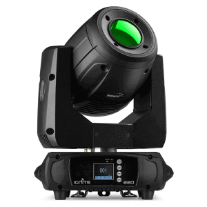 BeamZ Pro Ignite220 LED Moving Head Spot with 220W light in a flightcase, showcasing its design and features.