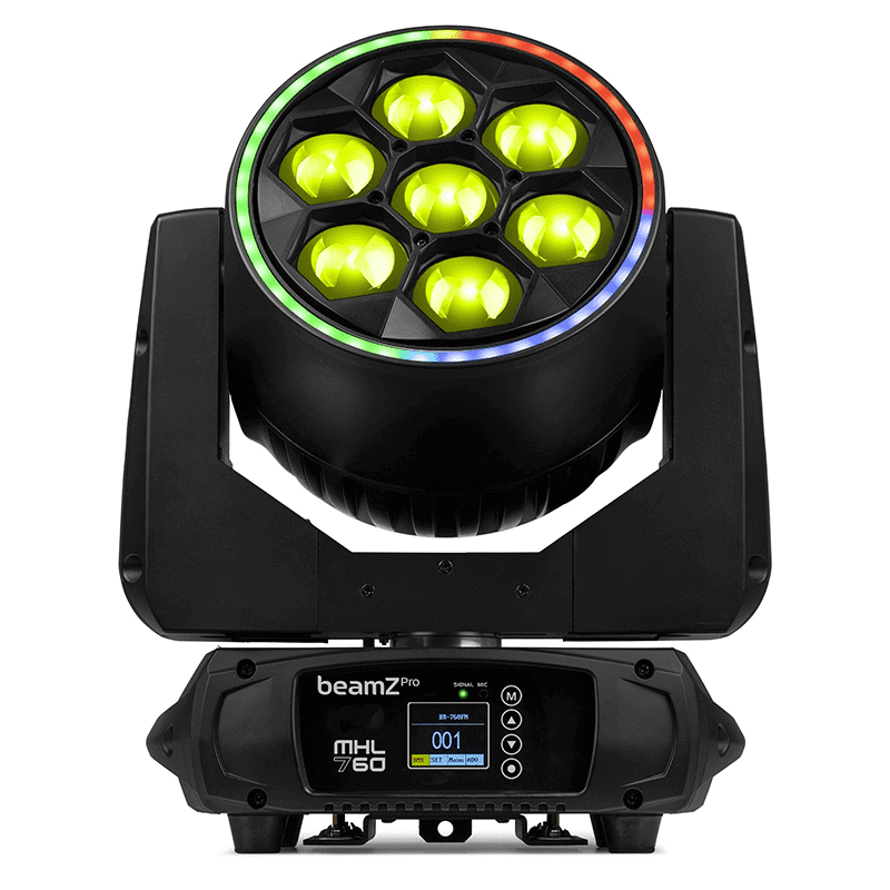 Image of the BEAMZPRO MHL760 LED Moving Head Bee Eye Zoom featuring 7x 60W RGBW lights.