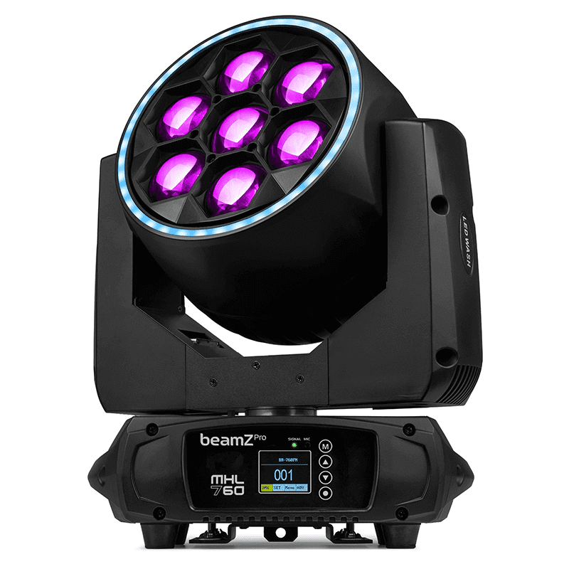 BEAMZPRO MHL760 LED Moving Head Bee Eye Zoom featuring 7x 60W RGBW lights, showcasing its design and functionality.