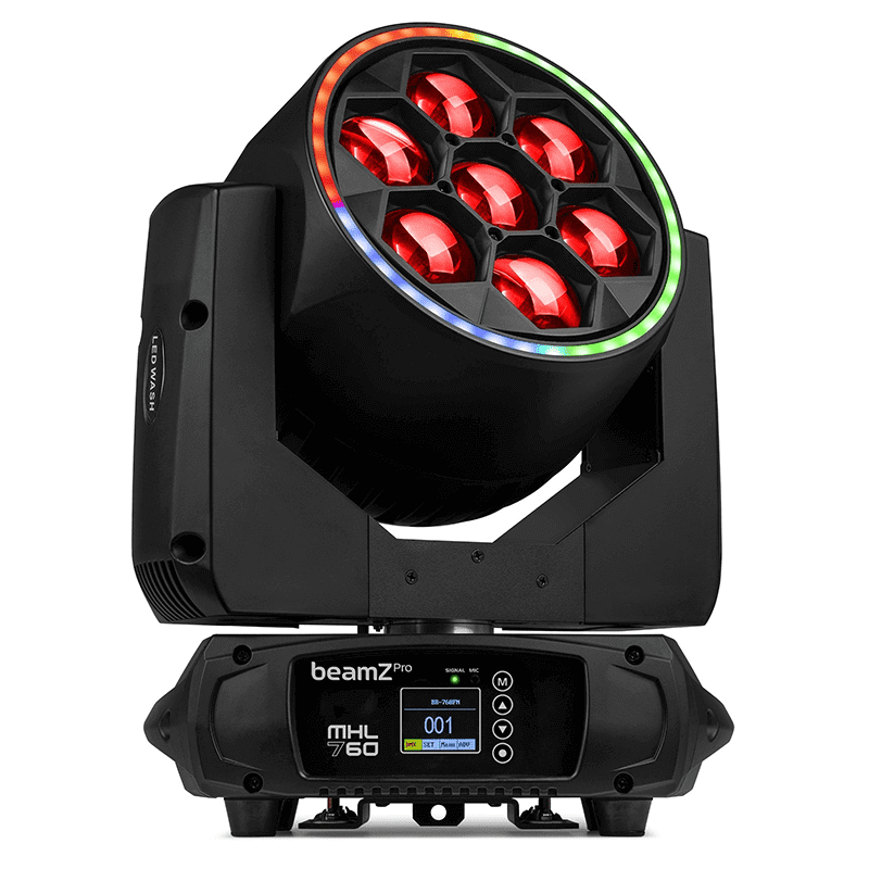 Image of the BEAMZPRO MHL760 LED Moving Head Bee Eye Zoom featuring 7x 60W RGBW lights.