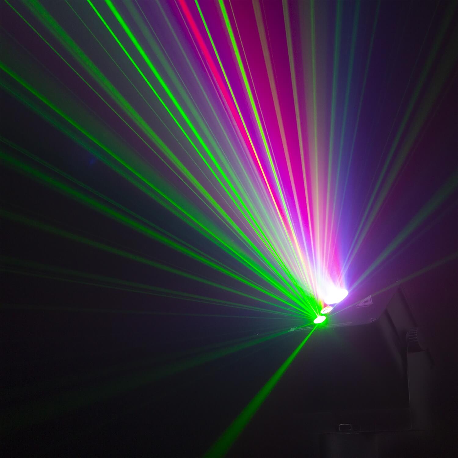 Beamz ATHENA Battery-Powered RG Gobo Laser System image showcasing lighting effects.