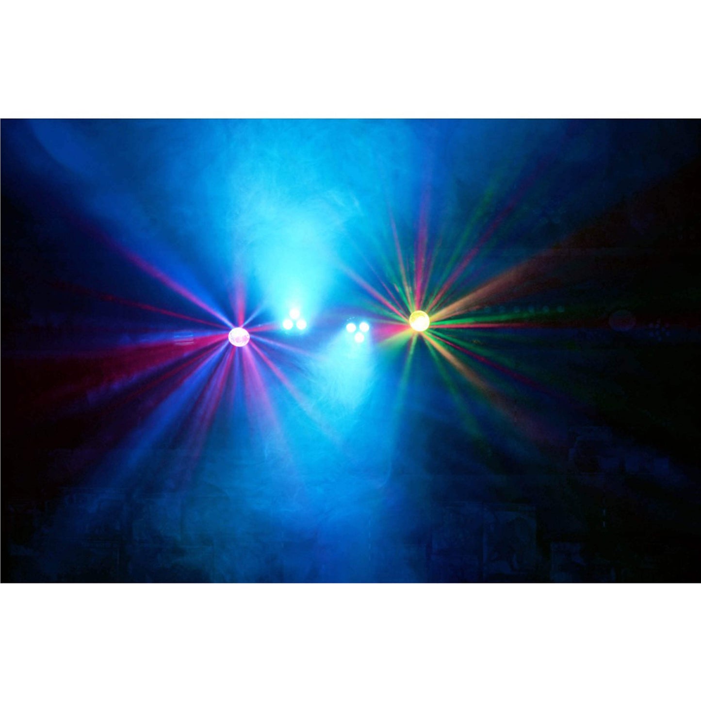 Beamz PARTYBAR1 Set with 2 PARs (3x3W RGBW), 2 Jelly Moons, DMX - Image of the product setup with colorful lights
