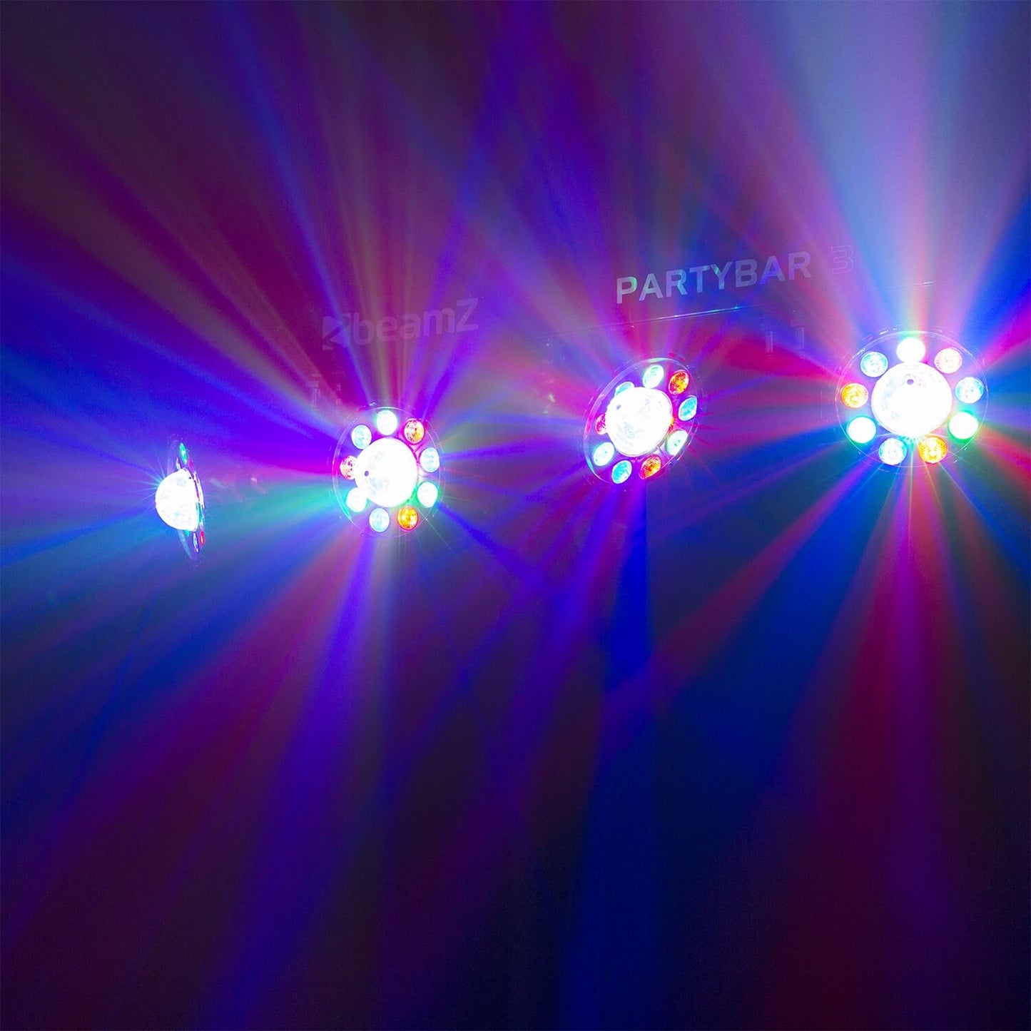 Beamz PARTYBAR3 Set with 4 PARs (9x1W RGBW) and 4 Magic Balls image showing lighting effects